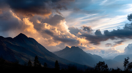 Golden clouds stretch across the evening sky, gently lit by the last rays of sunlight as the mountains stand tall below.