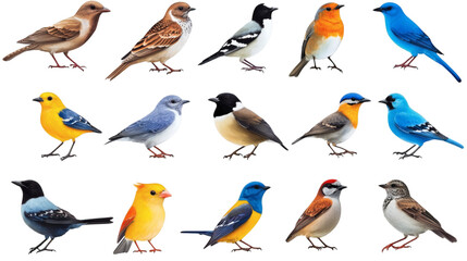 Fototapeta premium Set of various beautiful birds wagtail, mourning dove, robin, blue jay, sparrow isolated on white background