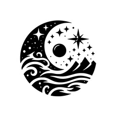 Yin Yang Nightscape: Moon, Stars, Mountains, and Waves in Black and White