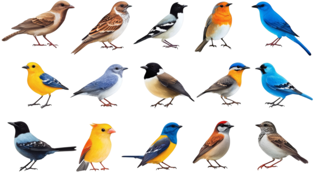 Set of various beautiful birds wagtail, mourning dove, robin, blue jay, sparrow isolated on white background