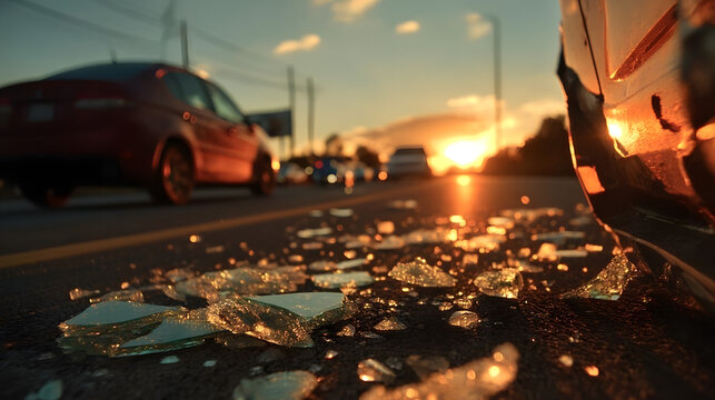 Sunset traffic accident scene with damaged car and shattered glass on road. Distracted Driving Awareness Month - Powered by Adobe
