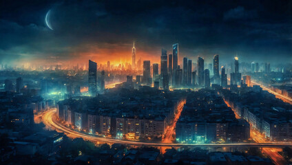 Naklejka premium Digital painting of a city illuminated by a flash of light.