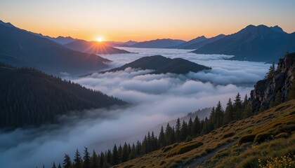 Obraz premium Breathtaking sunrise over foggy mountain range scenic landscape photography nature's beauty serene environment panoramic view tranquility