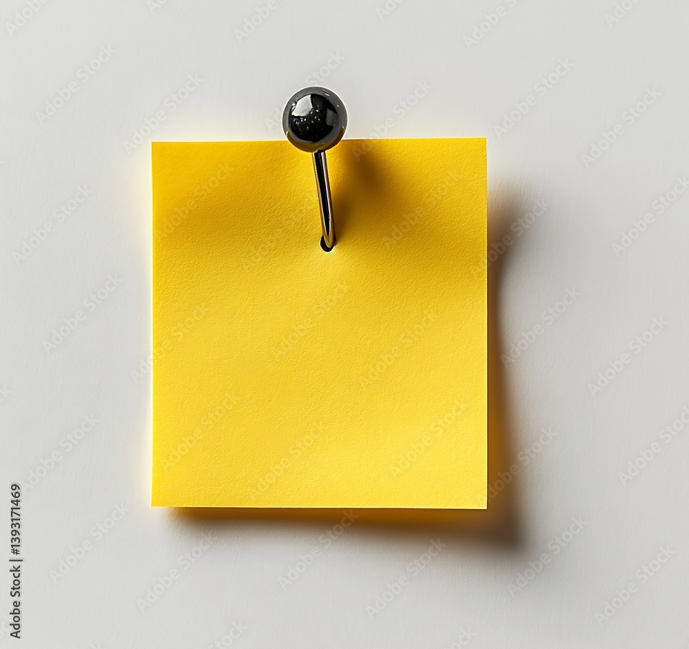 Leinwandbilder bright yellow sticky note with black push pin isolated on white backdrop simple office stationery me