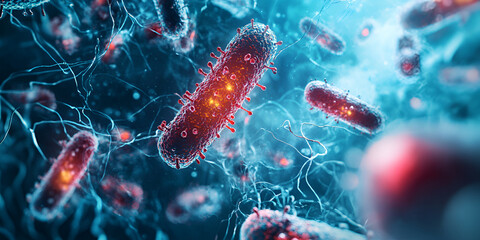 Microscopic view of bacteria in a digital network, showcasing microorganisms and cell biology, 3D rendering of bacteria with glowing particles and molecular network for scientific research
