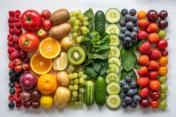 Colorful Assortment Of Fresh Fruits And Vegetables On White Background
