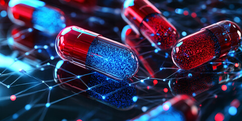 Red and blue capsules with glowing effects and digital network, pharmaceutical innovation, 3D rendering of capsules in a molecular network for future healthcare
