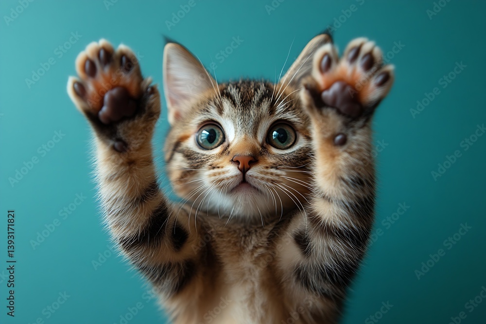 Poster adorable kitten reaching up with paws extended cute brown tabby with striking green eyes and playful