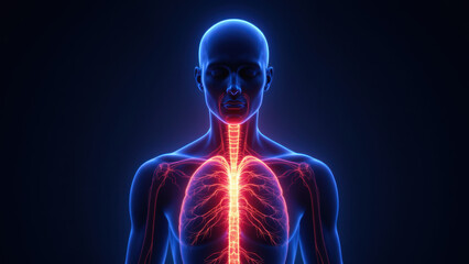 This is a medical illustration featuring a side view of an adult human torso with transparent skin revealing internal anatomy, focusing on the heart and central nervous system.