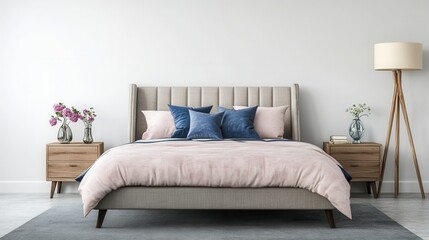 Serene bedroom featuring a plush, light pink bed with blue accent pillows, warm wood nightstands, and a cozy rug. A calming, minimalist aesthetic
