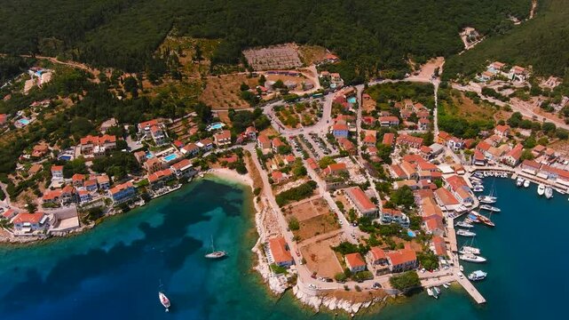 Aerial view of Fiscardo Stunning harbor village in Kefalonia, Greece