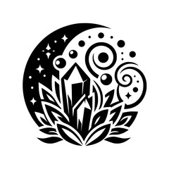 Celestial Crystal Lotus Mandala, Black and White Vector