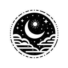 Celestial Night Circle: Crescent Moon, Stars, & Clouds, Monochrome