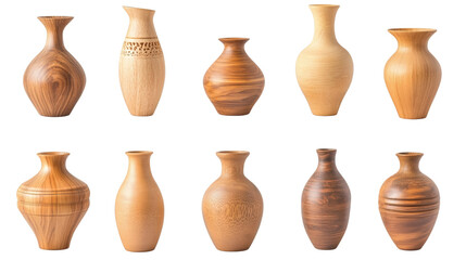 Set of various beautiful wooden vases isolated on white background