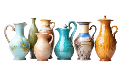 Set of various beautiful antique vintage jugs isolated on white background