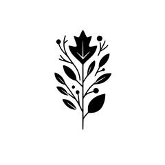 Minimalist Black Leafy Floral Emblem on White Background
