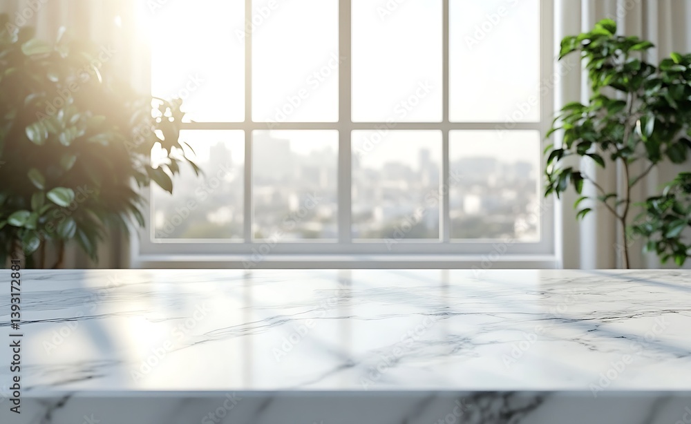 Poster Elegant Marble Countertop with Blurred City View and Plants Background Product Mockup Display Showcase : Generative AI