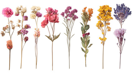 Set of various bloom dried flowers with leaf's isolated on white background