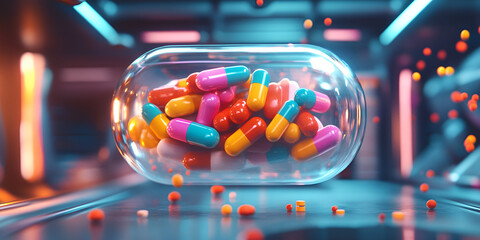 Transparent capsule filled with colorful pills floating in futuristic digital space, showcasing advanced pharmaceutical research and drug innovation
