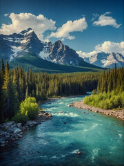 Digital painting of a mountain river in the Canadian Rockies.