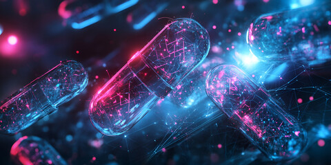 Colorful glowing capsules floating within a digital network, representing futuristic healthcare design and advanced drug technology
