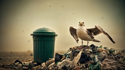 Seagull standing amidst urban waste with flies circling above, highlighting the impact of environmental pollution on wildlife and the resilience of nature in adapting to urbanization