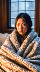 Young woman wrapped in warm blanket sitting next to window during winter time
