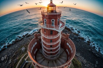 Majestic Red Lighthouse with Spiral Stairs at Sunset, Surrounded by Crashing Waves and Flying Seagulls, Capturing a Scenic Coastal Landscape with a Fish-Eye Perspective