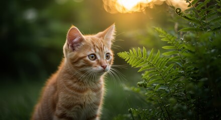 Golden Kitten in Sunset Meadow - Adorable ginger kitten sitting amidst lush green ferns, bathed in warm sunset light. A perfect for pet-related projects