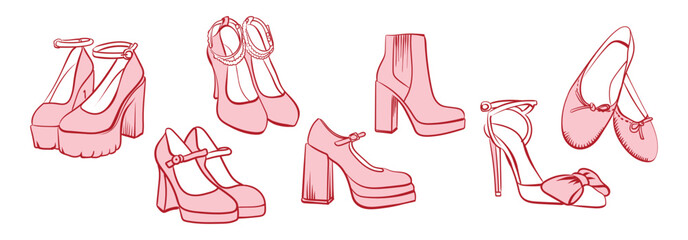Set of pink coquette vintage girly shoes. Hand drawn stickers in doodle style. Vector drawing for invitation, cover, scrapbooking, postcard or personal secret diary.