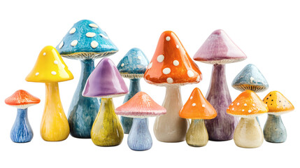 Set of various colourful ceramic garden d?cor mushrooms isolated on white background