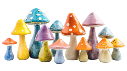 Set of various colourful ceramic garden d?cor mushrooms isolated on white background