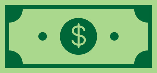 Simple green dollar bill vector icon with dollar sign, Money Symbol Illustration, Flat Currency Graphic, Dollar Note Clipart, Green Finance Element, vector illustration.