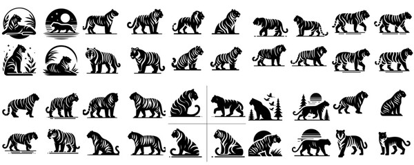 beautiful collection of tiger silhouettes on white background