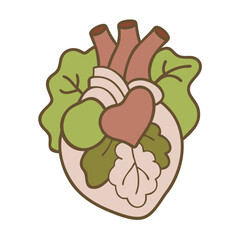 Vector line icon of a heart with vegetables in black and white represents healthy eating or love for veggies.