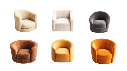 Set of various decorative round boucle tub armchair isolated on white background