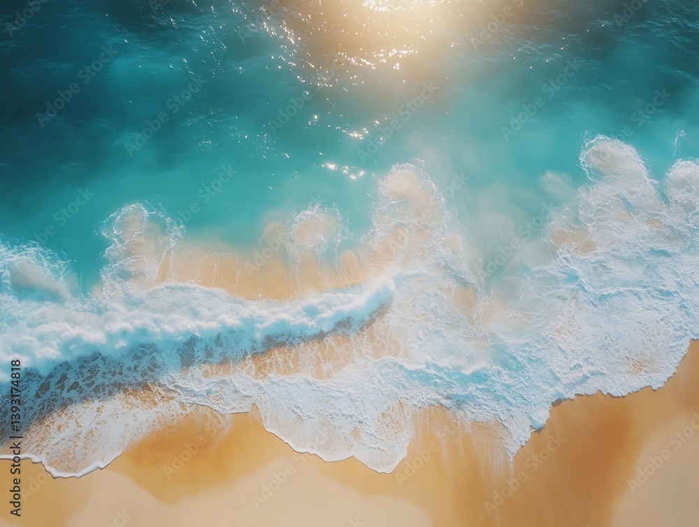 Aufkleber aerial view of turquoise ocean waves crashing on golden sandy beach tropical paradise scene : genera