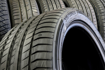Closeup of the tread of a large size high performance summer tire