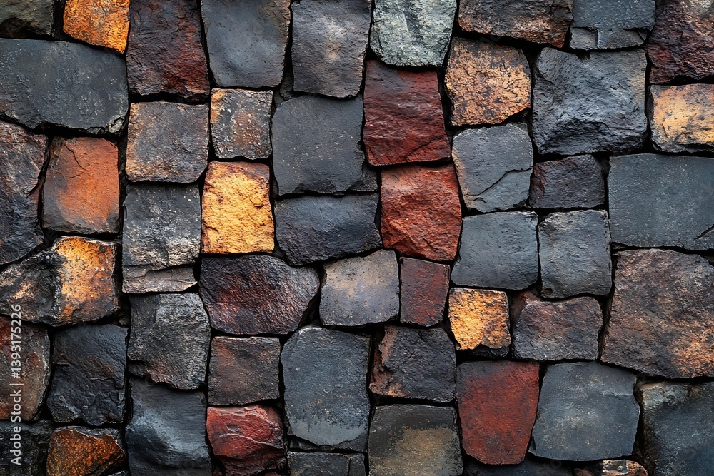 Poster rustic stone wall texture background. close up of colorful natural rock surface for exterior design 