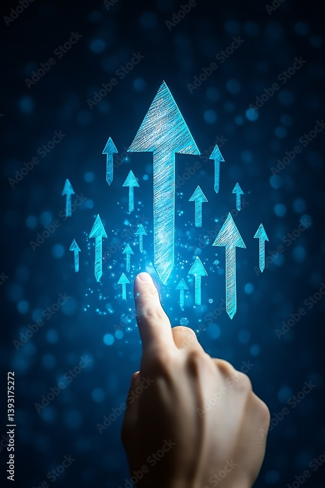 Poster digital growth arrows concept pushing business forward with hand on a glowing blue screen for financ