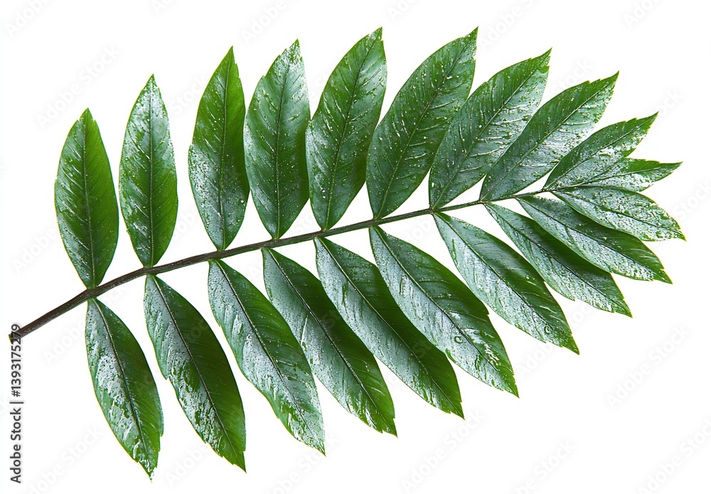 Poster Fresh Green Leaf Sprig Isolated on White Background Detailed Macro Shot for Botanical or Nature Themes : Generative AI