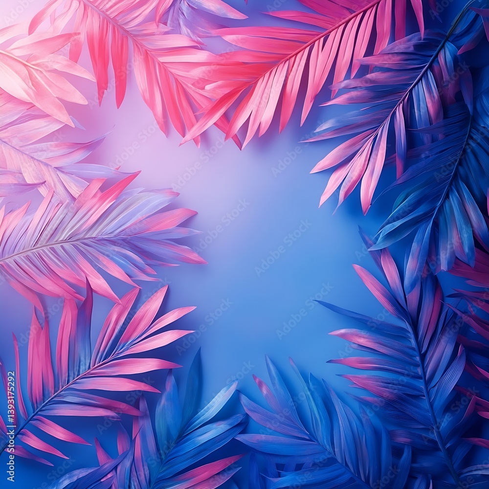 Poster tropical palm leaves in pink and blue hues creating a vibrant and colorful exotic background design 