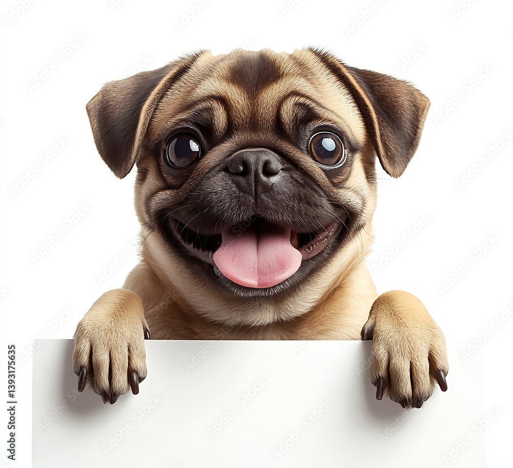Poster adorable pug puppy with smiling face and paw prints holding blank sign ready for your message cute p