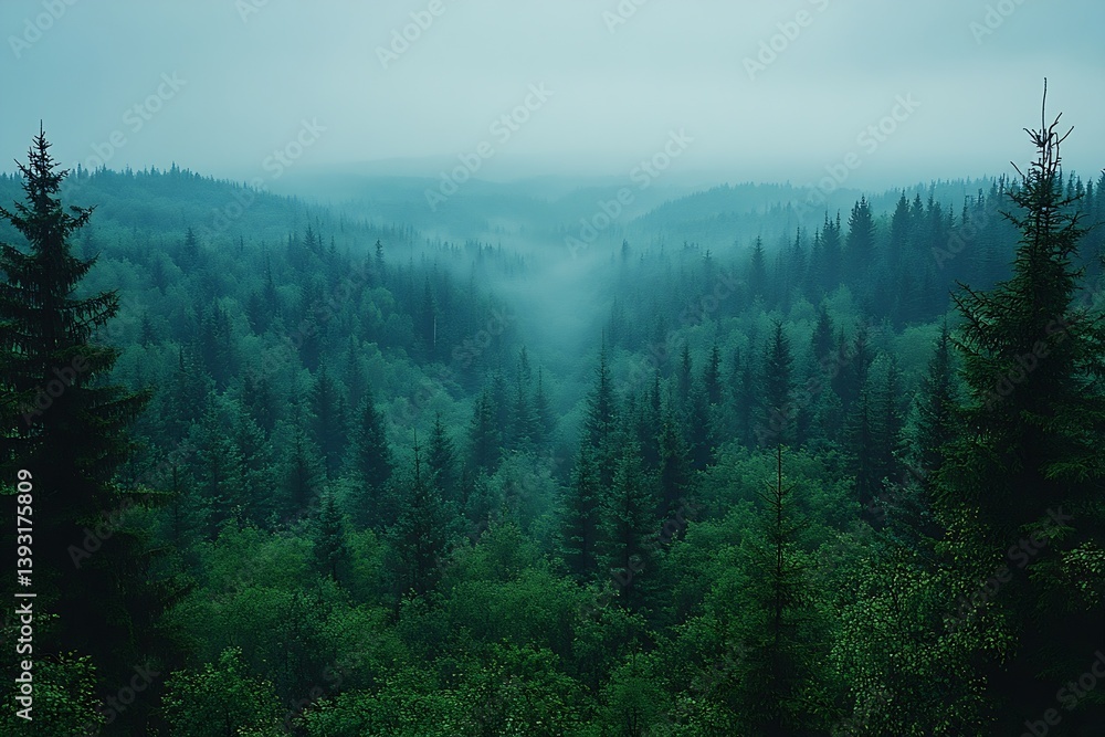 Poster Misty Forest Landscape View Emerald Green Trees and Rolling Hills in a Tranquil Woodland Scene with Morning Fog : Generative AI
