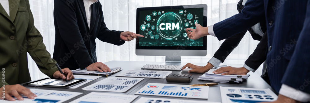 Poster customer relationship management system on brisk computer for crm business and enterprise