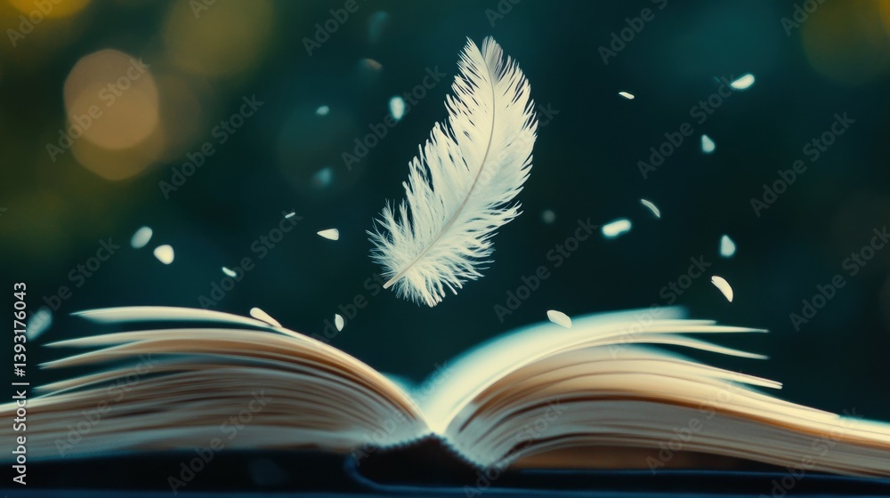 Fototapete feather falls gracefully onto open storybook creating a dreamy atmosphere of imagination and wonder