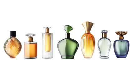 Set of various fragrance glass perfume bottles isolated on white background