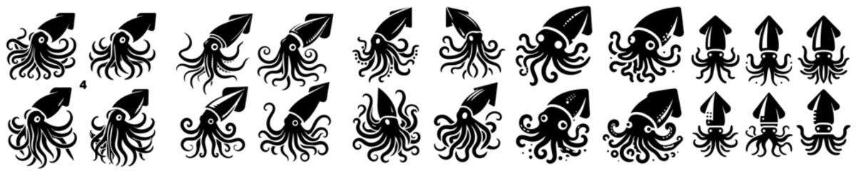 Beautiful collection of Squid silhouettes on white background