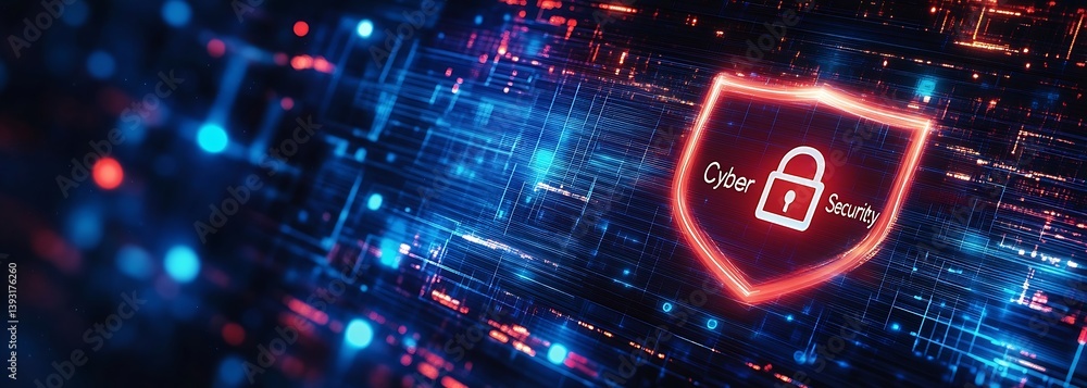 Poster Cyber Security Shield with Lock on Digital Background Protection and Data Privacy Technology Concept : Generative AI