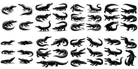 Beautiful collection of crocodile silhouettes on white background